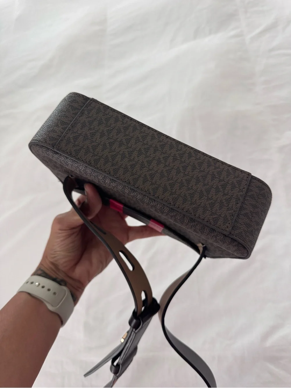 Michael Kors Brown Crossbody Belt Bag with Red and Black Stripe